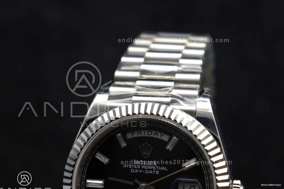 A 718 Weight 40 Dial SS GSF Gain on Black Bracelet Bright Crystal President DayDate 0123